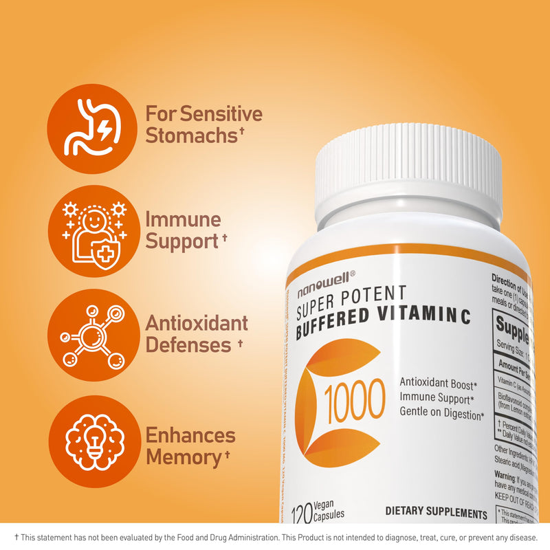 NANOWELL Super Potent Buffered Vitamin C 1000 mg with Bioflavonoid Complex - Antioxidant & Immune Support - Healthy Skin & Joints - Gluten Free - 180 Servings 1,000 mg Capsules