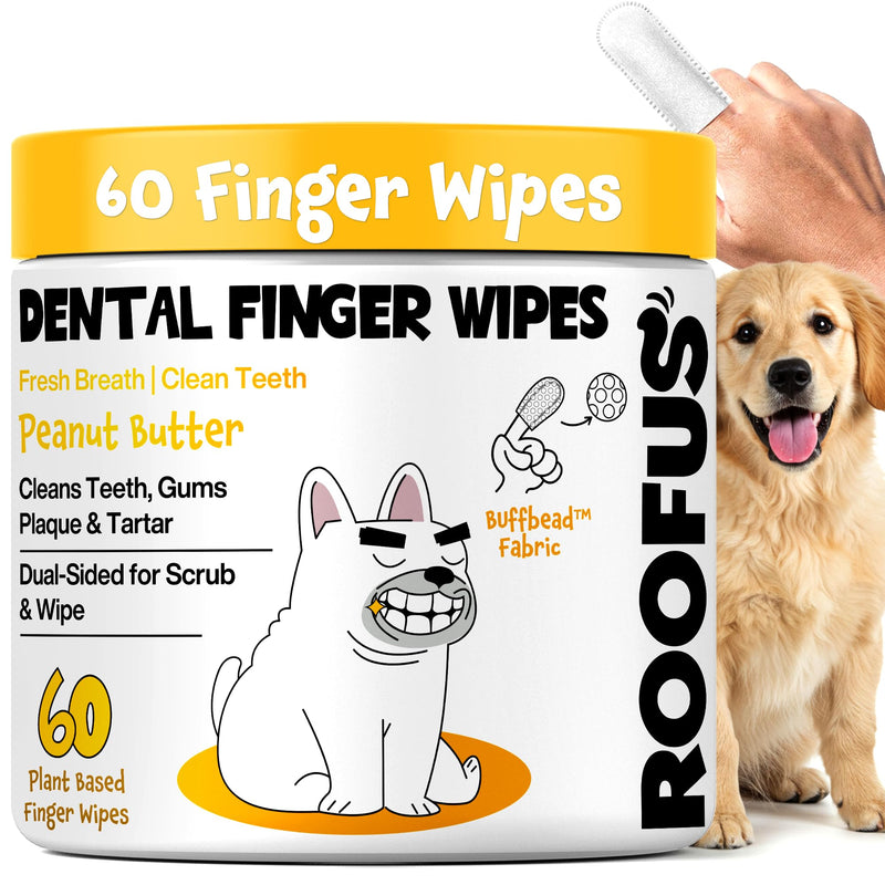 Dog Teeth Cleaning Wipes 60 Packs - Peanut Butter Dental Wipes to Reduce Plaque & Tartar for Dogs & Cats - Pet Dental Wipes for Oral Freshness
