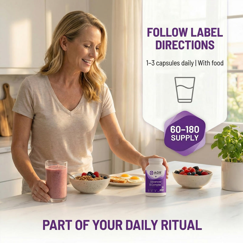 AOR Vitamin B Complex, Methylcobalamin 5-MTHF, No Flush, 90 Vegan Capsules | Active B Forms with Methylcobalamin & 5-MTHF, No Flush Niacin, 8 Essential B Vitamins, Vegan Capsule, Gluten Free, GMO Free 90 Count (Pack of 1)