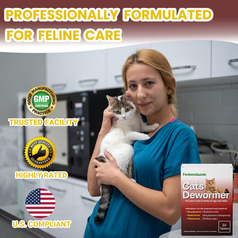 Dewormer for Cats & Kittens, Fenbendazole for All Wormers, Roundworms, Hookworms and Whipworms, 24 Tablets