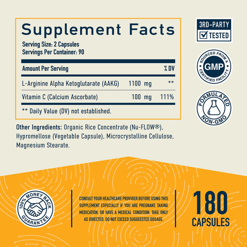 AKG Supplement, 1100MG Per Serving, Arginine Alpha Ketoglutarate + Calcium | With Vitamin C, AAKG Supplement, Healthy Aging Longevity Energy and Focus, Vegan, Non-GMO, 180 AAKG Capsules (90 Day Supply)
