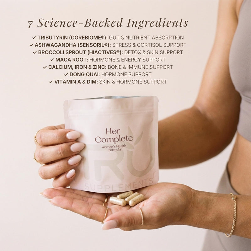 TRU Supplements HER Women’s Health Supplement, Complete Formula for Daily Hormone Support, Gut & Skin Health, Fertility & Mood Booster, PMS & Digestive Support, Natural Women’s Formula - 30 Servings