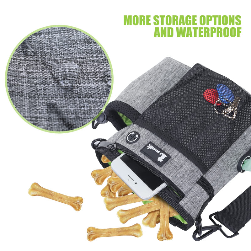 Pecute Dog Treat Pouch, Hands-Free Dog Training Bag with Shoulder Strap Waist Belt Metal Clip and Foldable Bowl, Built-in Poop Bag Dispenser, 3 Ways to Wear Suitable for Training Walking (Grey) Grey + Green Upgrade Large - BeesActive Australia