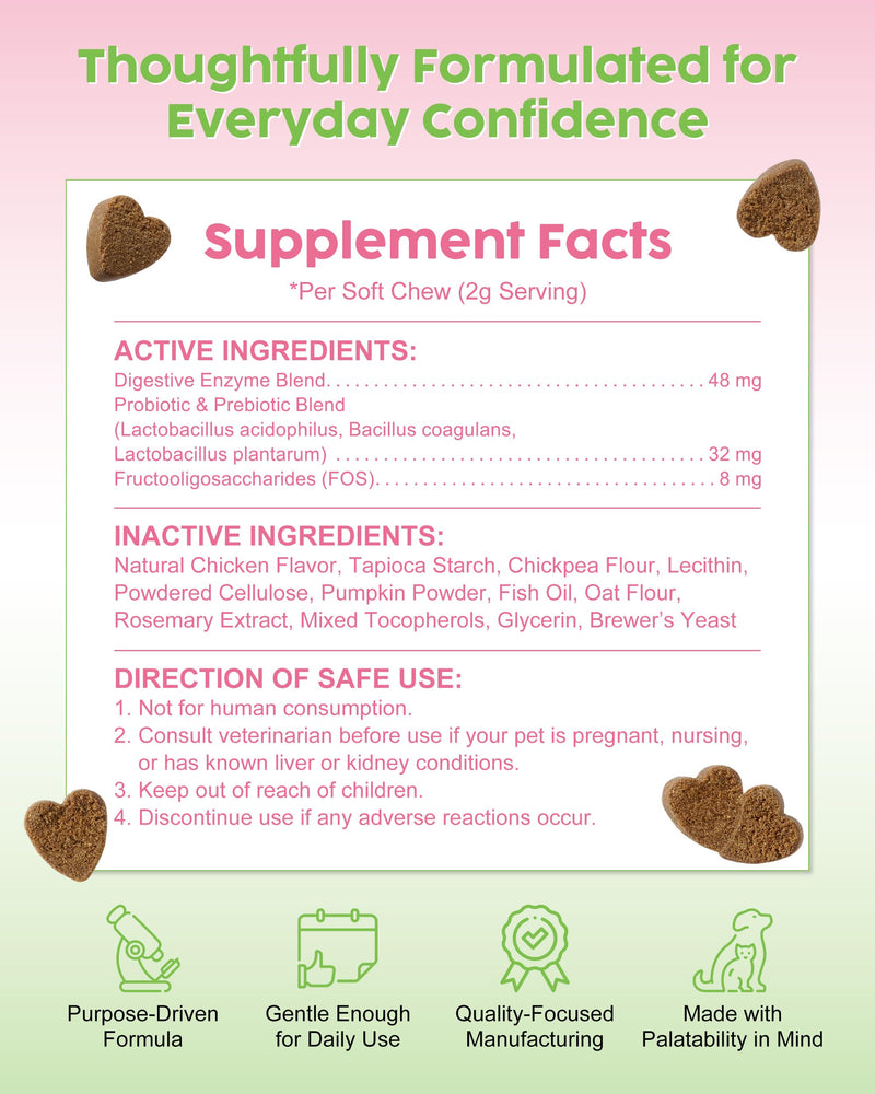 Probiotics for Dogs & Cats - 600M CFU Multi-Strain Formula with Prebiotics & Digestive Enzymes - Supports Gut Health, Digestion & Immune Function - 60 Soft Chews (Chicken Flavor)