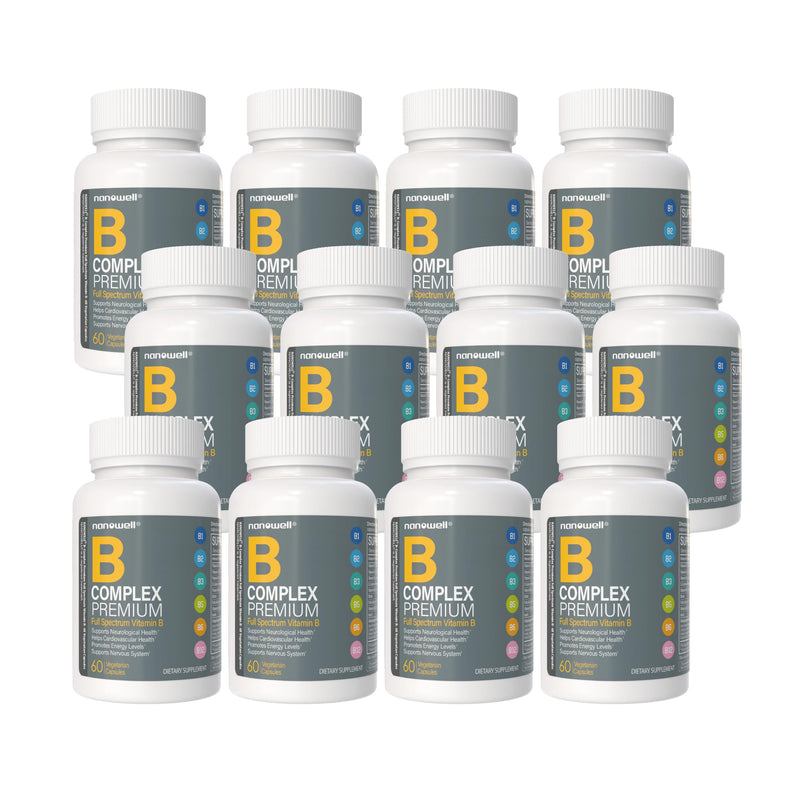 NANOWELL B Complex Premium - Full Spectrum of B Vitamins for Energy, Heart & Immune Support - B-Complex Supplement with Adaptogens - 60 Capsules, 60-Day Supply