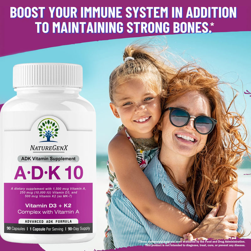 NatureGenX ADK10 – Vitamins A, D3 250 mcg & K2 MK-7 for Bone, Heart & Immune Health – Non-GMO, Gluten-Free, Soy-Free – 90 Capsules (3-Month Supply) | For Bone, Heart & Immune Health - Non-GMO, Gluten-Free, Soy-Free - 90 Capsules (3-Month Supply)