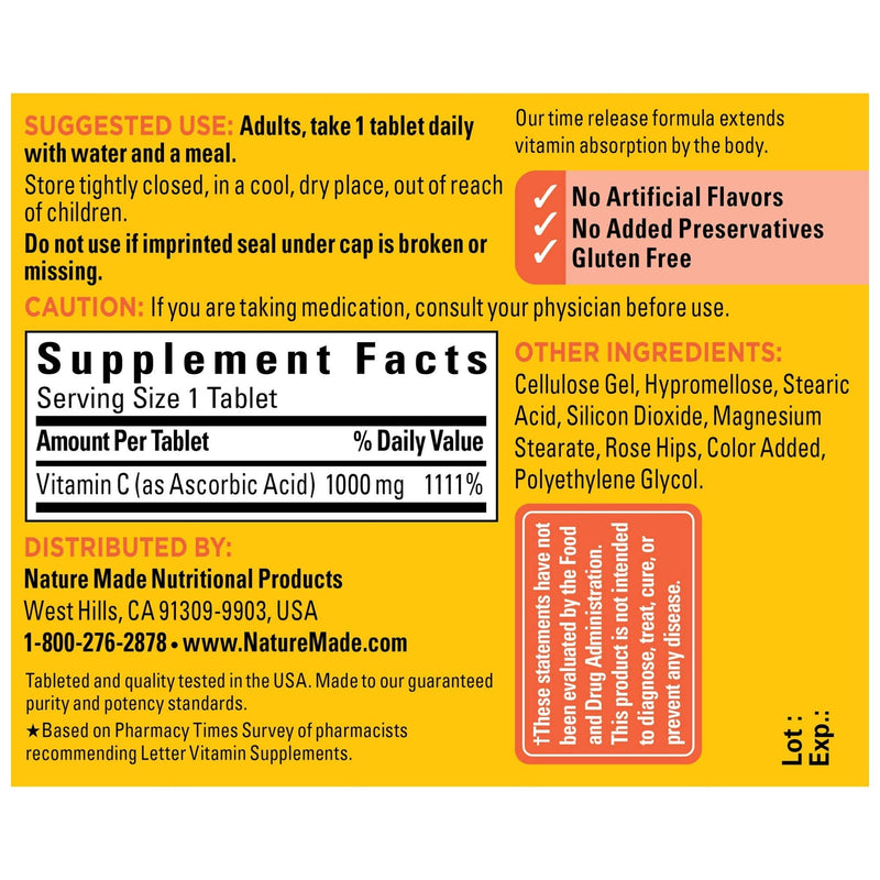 Nature Made Vitamin C 1000 mg Time Release Tablets with Rose Hips, 60 Count to Help Support the Immune System 60 Count (Pack of 1)