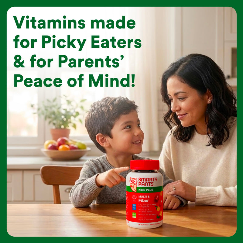 SmartyPants Kids Multivitamin & Fiber Gummies: Prebiotic Fiber to Support Kids Digestion with Vitamin D3, C, Vitamin B12, B6, A, Zinc, Biotin, Folate, Three Fruit Flavors, 90 Count (30 Day Supply) 90 Count (Pack of 1) Multi Fiber - 30 Day Supply