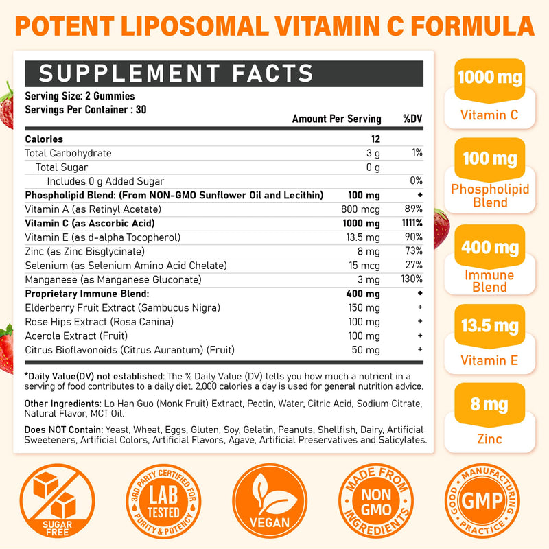 Liposomal Vitamin C Gummies 1000mg for Adults | Chewable Vitamin C Gummy, With Zinc, Elderberry, Vitamins A & E, 120 Gummies Strawberry 60 Count (Pack of 2)