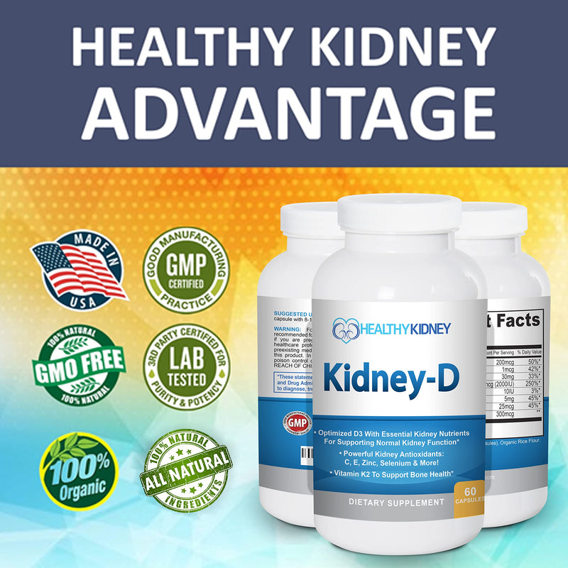 Kidney-D Kidney Supplement. Vitamin D Optimized for Kidney Support. Vitamin D3 and 7 Kidney Vitamins and Nutrients Designed for Kidney Health and More 60 Count (Pack of 1)