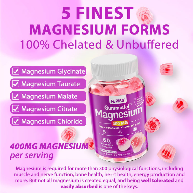 Magnesium Glycinate Gummies for Adults – 5 Forms, Magnesium 400mg, Vegan | Magnesium Complex for Women & Men Supplement with D3, Zinc & Ashwagandha, Calm Mood & Muscle Support, Sugar Free, 120Cts 60 Count (Pack of 2)