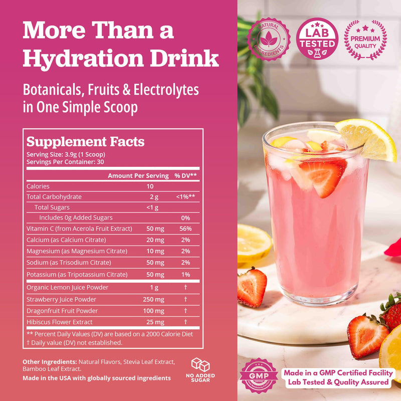 PuriVibe Hydration Lemonade Electrolyte Powder, Strawberry Dragonfruit | Juice Bar-Inspired Hydration Lemonade with Gentle Electrolytes, Real Fruit Powders, Hibiscus, Acerola, and Vitamin C