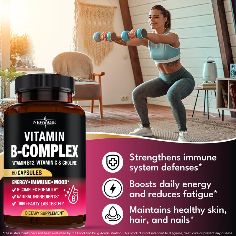 Vitamin B Complex for Men & Women - Made in USA - B-Complex: B1, B2, B3, B5, B6, B7, B8, B9, B12 with Vitamin C, Choline, Inositol - Energy, Brain & Heart Support Supplement - 60 Vegan Capsules 60 Count (Pack of 1)