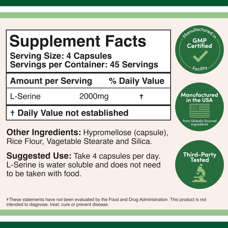 L-Serine 2,000mg, Memory, Clarity + Sleep Support, 180 Capsules | Memory, Clarity + Sleep Supplement, Full 2,000mg Clinical Serving, Nerve Support for the Aging Brain, Vegetarian, 45 Servings