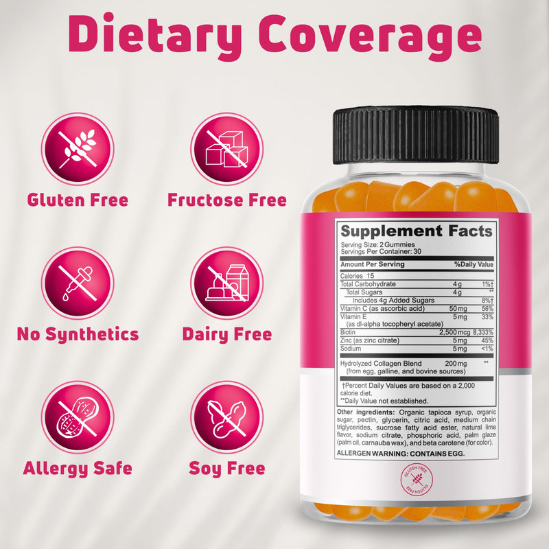 Collagen Gummies with Biotin 2500mcg - Hair Skin Nails & Joint Support - 60 Count (30 Servings) - Hydrolyzed Bovine Collagen with Vitamin C, E & Zinc - Gluten Free, Non-GMO - for Women & Men