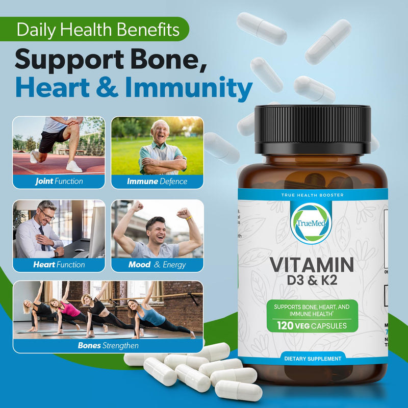 Vitamin D3 K2 Bone Health, Heart Support & Calcium Absorption Supplement | Immune Wellness, 5000 IU D3 with MK7 K2 90mcg, 120 Veg Capsules, Non-GMO, Gluten Free, Made in USA