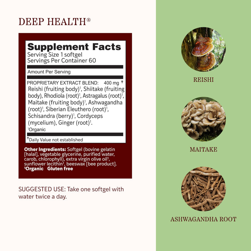 Herbs Etc. Deep Health Softgels, Adaptogenic Mushroom Complex, 60 Count | Daily Vitality Herbal Supplement with Reishi, Shiitake, and Rhodiola Root for Stress and Immune System Support, Organic 60 Count (Pack of 1)