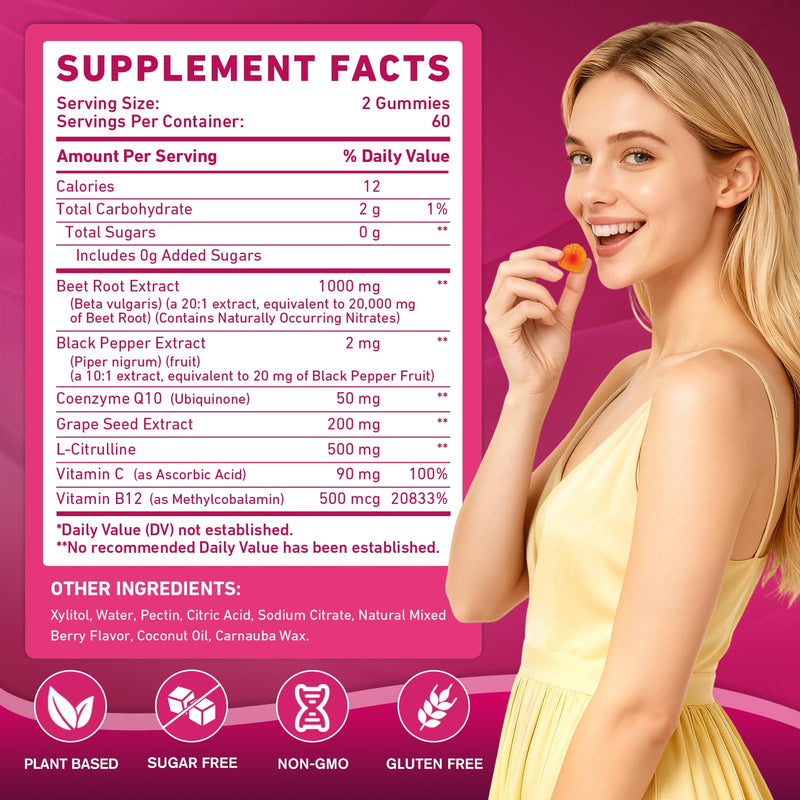 Beetroot Gummies - Beet Root for High Blood Pressure Supplements with Grape Seed Extract + CoQ10 + Black Pepper Extract + L-Citrulline + Vitamin C B12 Ultimate Heart for Blood Flow & Energy, 120 Count Mixed Berry 120 Count (Pack of 1)