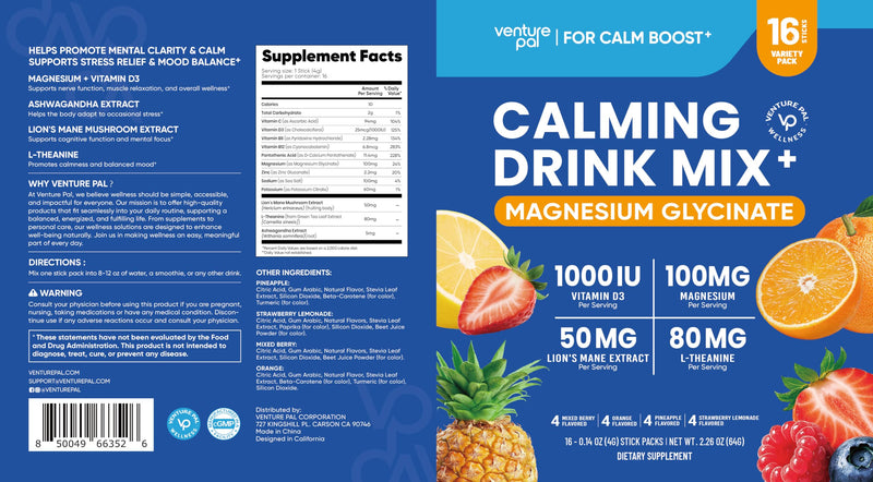 Venture Pal Calm Drink Mix, 12-in-1 Cortisol Reducer & Sleep Aid | Magnesium Glycinate, Ashwagandha, L-Theanine & Vitamin D, Calm Magnesium Powder for Relax & Focus, No Sugar, Non GMO 16 Ounce (Pack of 1) 1-Variety