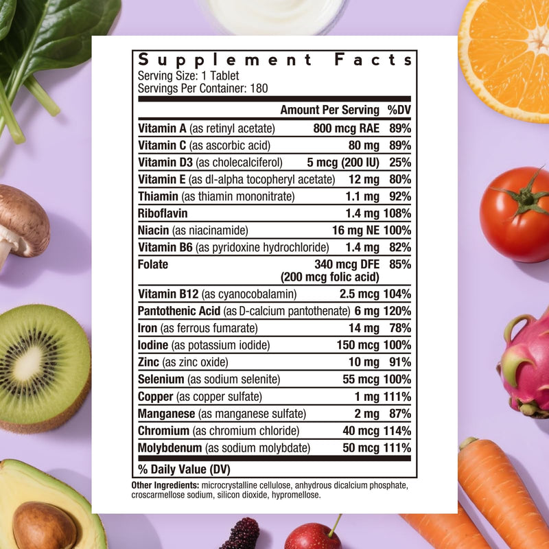 Doctor's Recipes Multivitamin for Women & Men, Immune, Energy & Brain Health Support, Vitamin A, C, D3, E, B6, B12, Folic Acid, Iron, Zinc, Copper, Selenium & Iodine, No Gluten, Non-GMO, 180 Tablets 180 Count (Pack of 1)