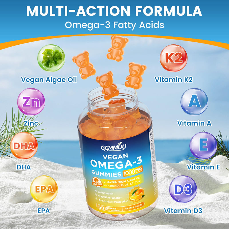 Vegan Omega 3 Gummies 1000mg, Orange Flavor, Sugar Free, 60 Count | Algal Oil Supplement with 600mg DHA & 300mg EPA for Eye & Immune Support, Non-GMO, Gluten Free, Pectin Based, No Fishy Burps 60 Count (Pack of 1)