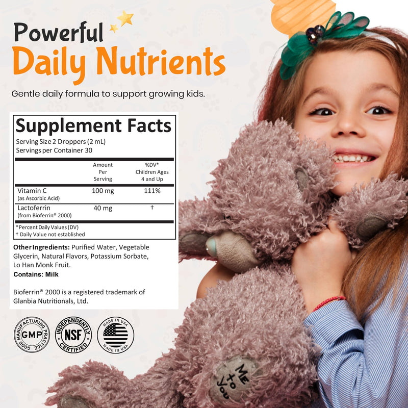 Lactoferrin Kids Liquid Drops with Vitamin C – 30 Daily Servings, 2 FL OZ (60 mL) – Immune & Digestive Support – Sugar Free, Gluten Free