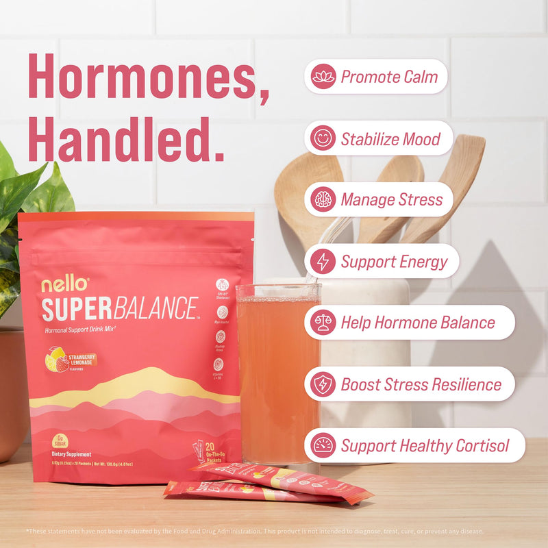 Nello Superbalance Hormonal Support Drink Mix, SRI-81 Shatavari, Myo-Inositol, Rhodiola Rosea, Vitamin C, Magnesium, Theobromine (20 Servings, Strawberry Lemonade) 20 Count (Pack of 1)