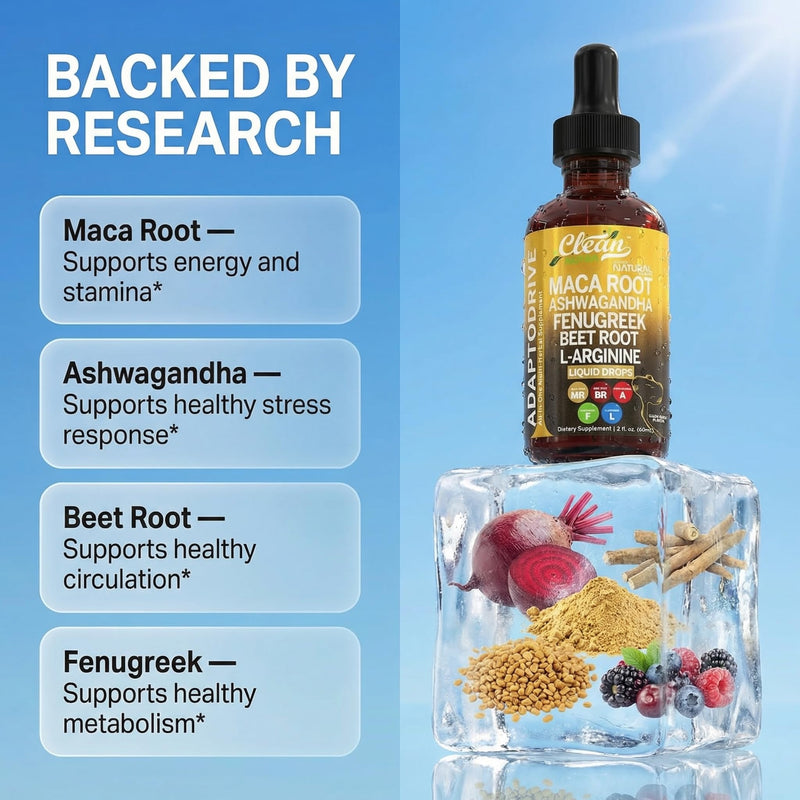 Clean Nutra Organic Maca Root Liquid Drops with Ashwagandha, Fenugreek, Beet Root and L-Arginine Liquid Multivitamin for Women and Men - Adapto Drive 1