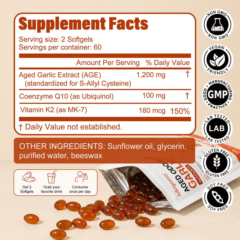 Aged Garlic Extract Softgels 1200 mg Odorless with CoQ10 Ubiquinol & Vitamin K2, 2 Years Aged Matured – Standardized for S-Allyl Cysteine | Heart & Immune Antioxidant Supplements, 120 Softgels 120 Count (Pack of 1)
