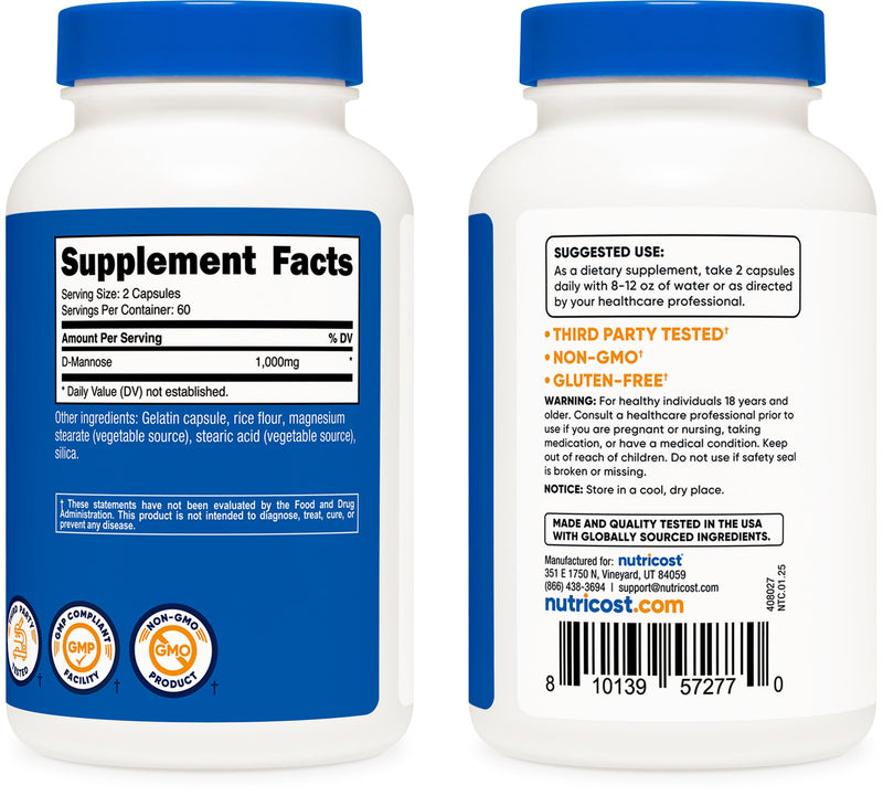 Nutricost D-Mannose 1000mg Per Serving, 120 Capsules - 500mg Per Capsule, Urinary Tract Health, Non-GMO and Gluten Free (Pack of 2) 120 Count (Pack of 2)
