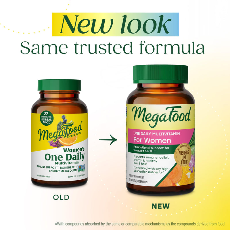 MegaFood One Daily Multivitamin for Women with 22 Nutrients, 60 Tablets | Immune Support, Cellular Energy & Healthy Skin & Hair, Methylfolate, Methylated B12, Iron, C, D3, Vegetarian, 60 Servings Unflavored 60 Count (Pack of 1)