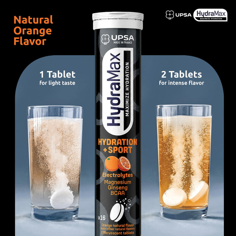 Upsa Hydramax Sport Electrolytes Hydration Tablets – Natural Orange Effervescent with 4 Essential Electrolytes Magnesium, Ginseng Extract, BCAAs & Vitamin C, 48 Count (48 Servings) 16 Count (Pack of 3)