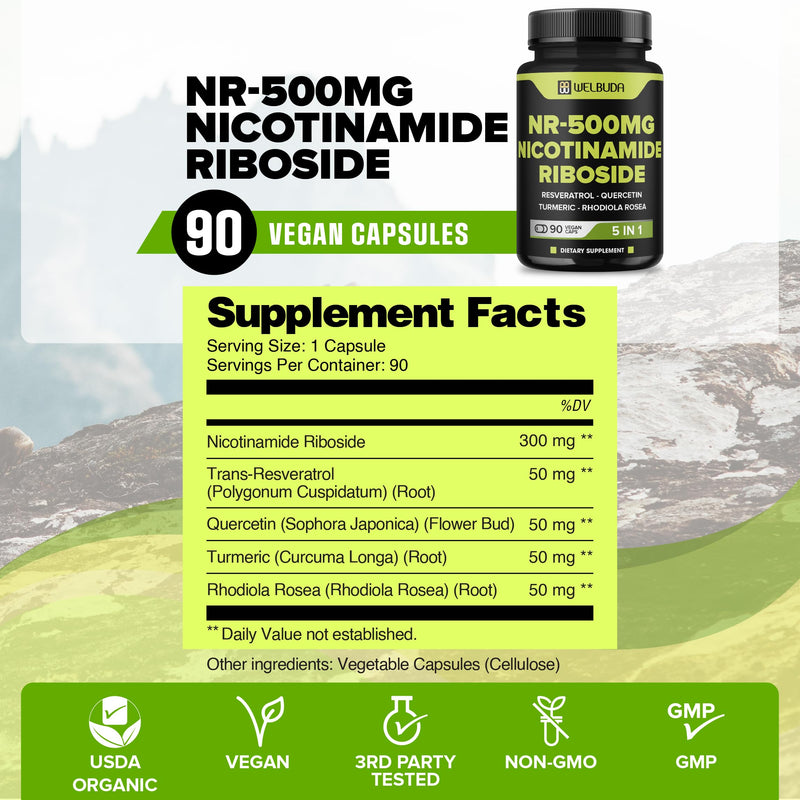 WELBUDA 5in1+ Nicotinamide Riboside Supplement with Resveratrol, Quercetin, Turmeric, Rhodiola Rosea - 90 Count for 90 Days