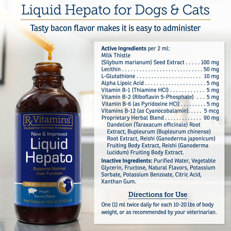 Rx Vitamins Liquid Hepato Support for Dogs & Cats - Liver Support Supplement with Milk Thistle for Dogs (Silymarin & Silybinin) and Vitamin B - Bacon Flavor (4oz) New Label