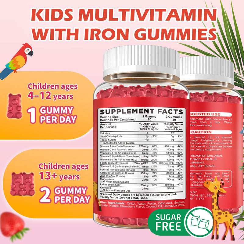 Iron Supplement Gummies for Kids with Multivitamin, Calcium, Zinc, Folate - Kids Iron Gummies Support Immune, Blood Builder, Iron Deficiency, Anemia & Energy - Vegan, Strawberry 60 Count 60 Count (Pack of 1)