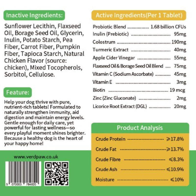 VERDPAW Itch & Immunity Tablets for Dog Allergy Relief & Dog Itchy Skin Relief, Helps Reduce Scratching, Paw Licking & Seasonal Allergy, Supports Gut Health & Natural Immune Function, 120 Tablets