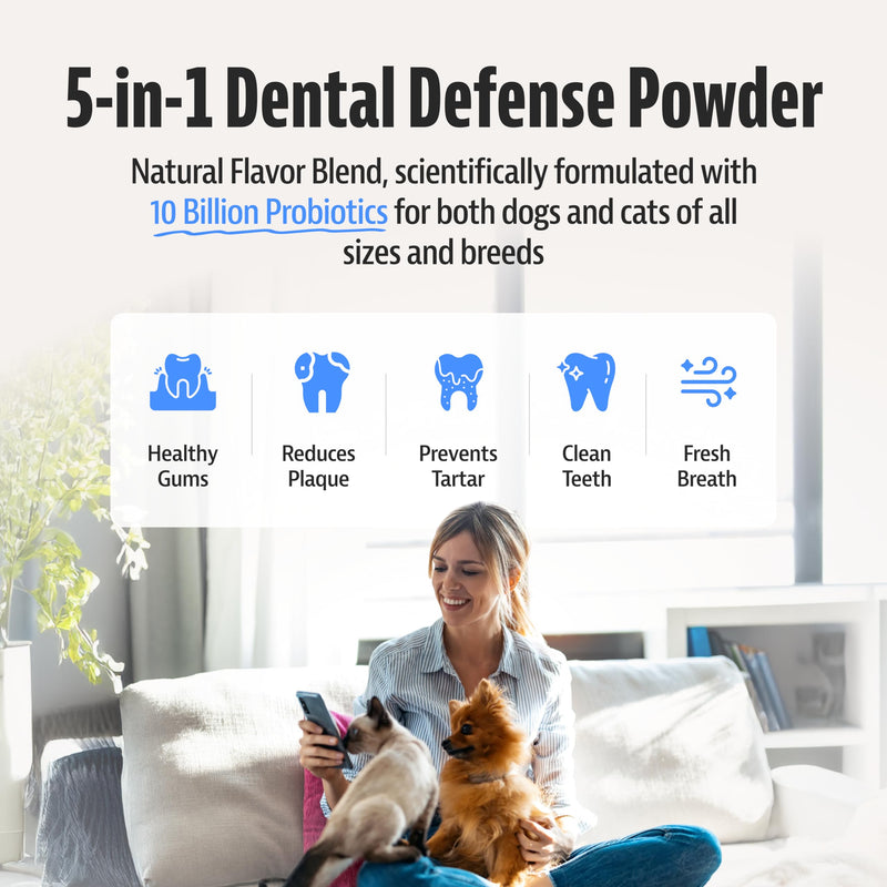 Advanced Dental Powder for Dogs and Cats - Helps Reduce Plaque & Tartar Buildup, Supports Fresher Breath - Pet Teeth Cleaning Powder with Probiotics & Herbal Blend - 180g