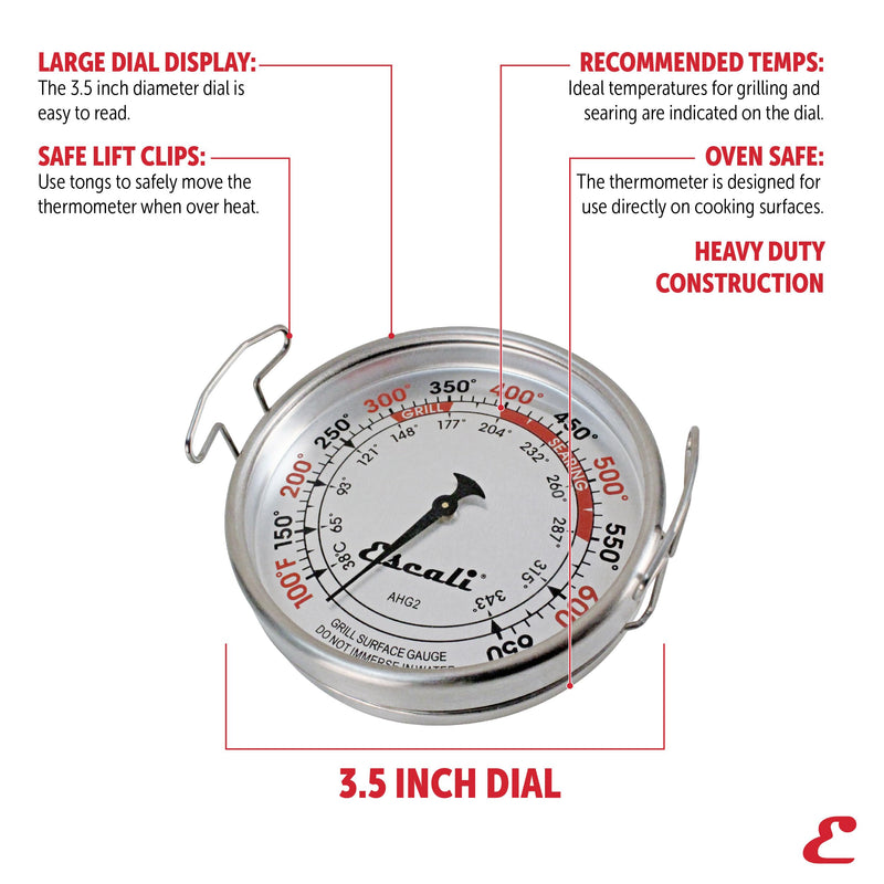 Escali AHG2 Stainless Steel Extra Large Direct Grill Surface Thermometer, Searing Temperature Zones 100-600F Degree Range XL - BeesActive Australia