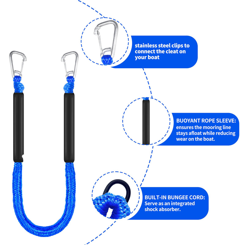 4ft Bungee Dock Lines for Boat, Dock Mooring Ropes, Two Hooks (Blue, 4FT) Blue
