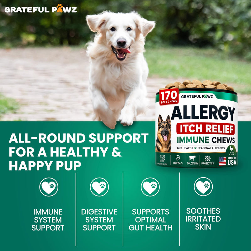 Dog Allergy Chews - Dog Allergy Relief - 170 Treats with Probiotics and Colostrum for Itchy Skin Relief to Support Seasonal Allergy and Healthy Immune System - All Natural Anti-Histamine - Made in USA Allergy&Itch Relief