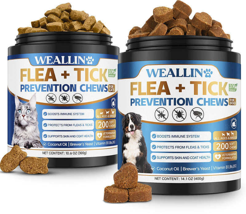 WEALLIN Flea and Tick Prevention Chews for Dog&Cats, Flea and Tick Prevention for Dogs, Flea and Tick Prevention for Cats, 200 Soft Chews, Chicken Flavor, Natural Flea and Tick Treatment