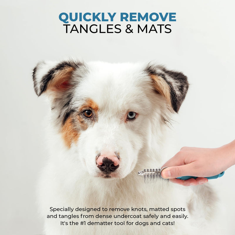 Poodle Pet Dematting Fur Rake Comb Brush Tool - Dog and Cat Comb with Long 2.5 Inches Steel Safety Blades for Detangling Matted or Knotted Undercoat Hair (Blue, Dematting Comb) Blue - BeesActive Australia