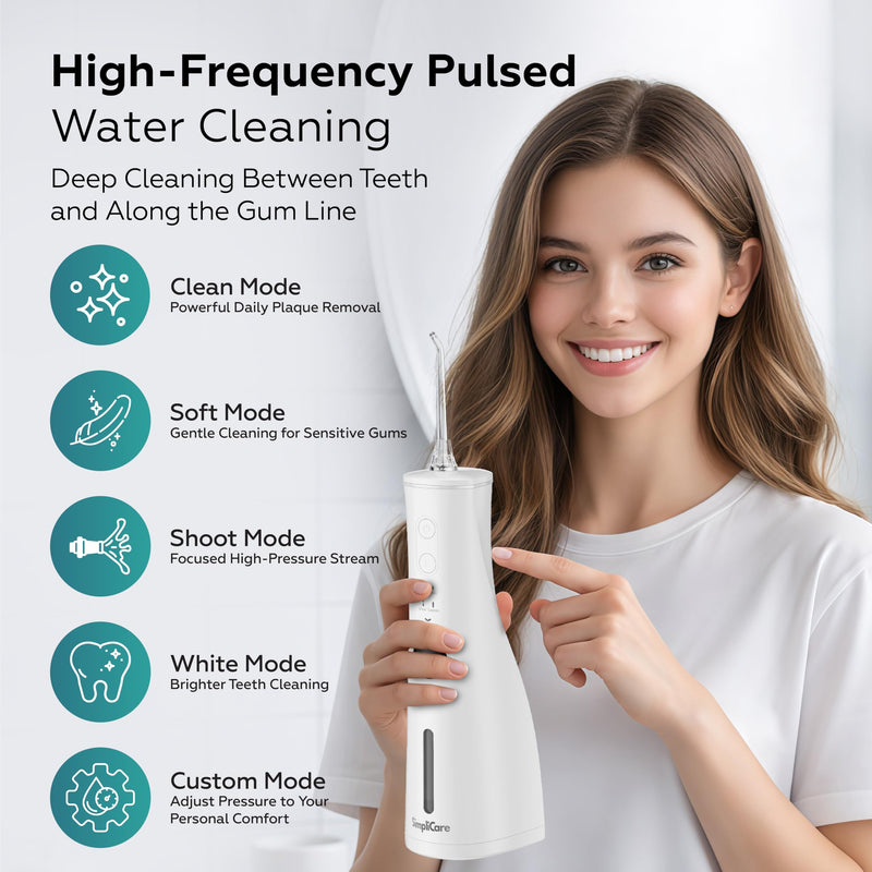 Cordless Water Flosser Oral Irrigator | 10–150 PSI Adjustable Pressure | 5 Cleaning Modes | 10 oz Tank | IPX7 Waterproof | 8 Jet Tips for Teeth, Braces & Gums | USB-C Rechargeable (F5039W) White