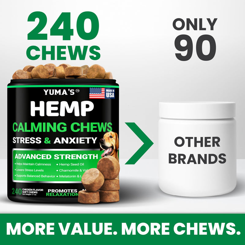 Hemp Calming Chews for Dogs - 240 Treats - Advanced Dog Calming Chews - Anxiety Relief Supplement Treats with Melatonin - Sleep Aid for Separation, Barking, Stress, Hip and Joint Support Made in USA 240 Chews