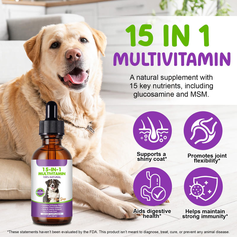 Dog Multivitamin Drops, 15 in 1 Multivitamin Liquid for Dog with Vitamin C, Vitamin D & B1, Dog Health Supplements for Skin Care, Joints & Hips