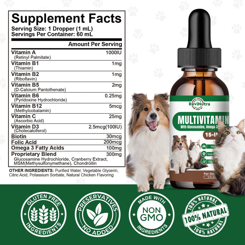 Dog Vitamins and Supplements - Dog Multivitamin Liquid Drops, 15 in 1 Pet Vitamins Supplement for Dogs & Cats - Support Joint, Gut, Immune, Digestion, Heart, Skin & Coat, 2 Fl Oz - BeesActive Australia