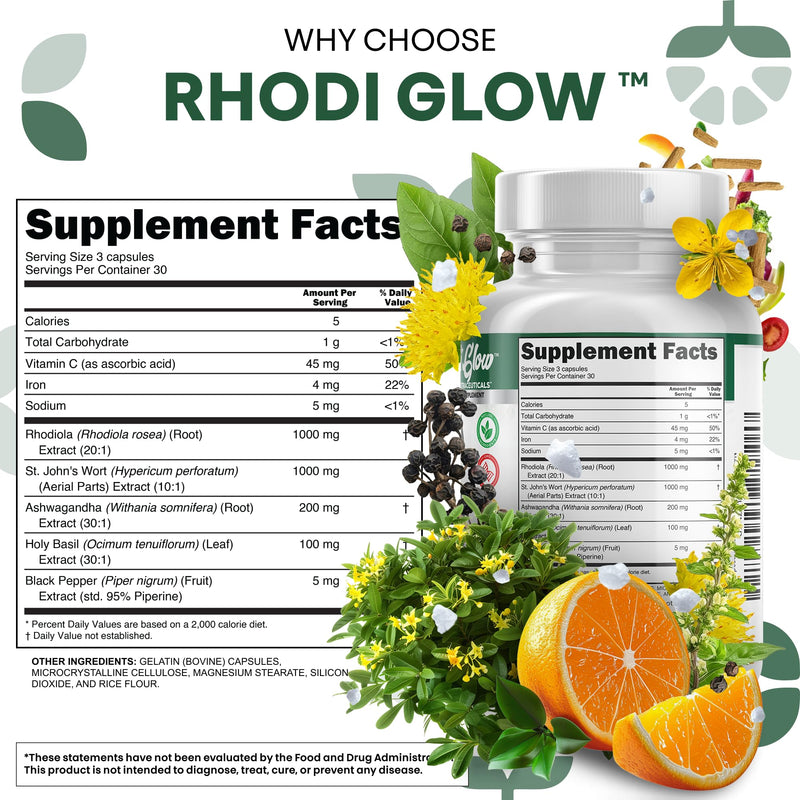RhodiGlow Rhodiola Rosea Mood Support Supplement + Ashwagandha St Johns Wort Holy Basil Vitamin C Iron Black Pepper By Clean Nutra