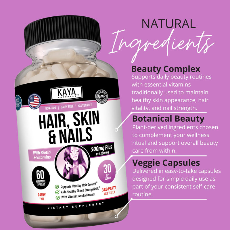 Kaya Naturals Hair Skin Nail Capsules, 60 Count | Biotin, Vitamin D, Vitamin B-12, Vitamin A, Folic Acid 60 Count (Pack of 1)