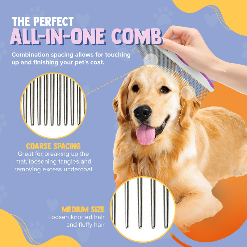 Poodle Pet Dog Combs for Grooming | 2 Pack | Stainless Steel Teeth Easily Remove Dirt | Proper Care Prevents Knots and Mats for Long and Short Haired Pets |Anti-Slip Comfort Grip Handle| Purple - BeesActive Australia
