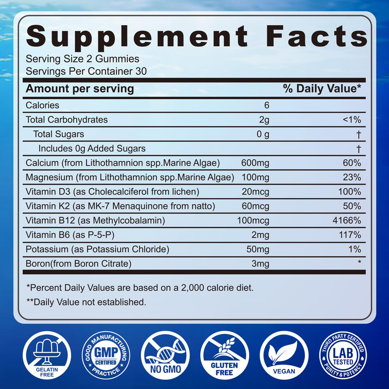 Calcium Gummies - Algae Calcium 600mg with Vitamin D3 K2 Magnesium | Bone, Muscle Strength & Immune Support - Sustainably Sourced Algae Calcium for Women & Men, 70+ Mineral, Vegan, 2PACK 60 Count (Pack of 2)
